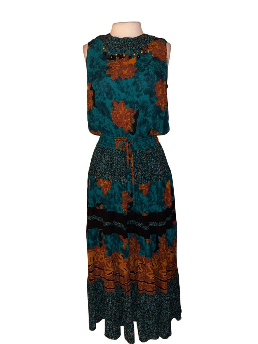 Carole Little Teal & Rust Floral Sleeveless Maxi Dress
